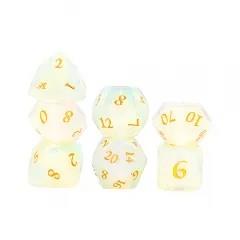 7pcs Dice Gem Stone Opalite Facet Gold Font White