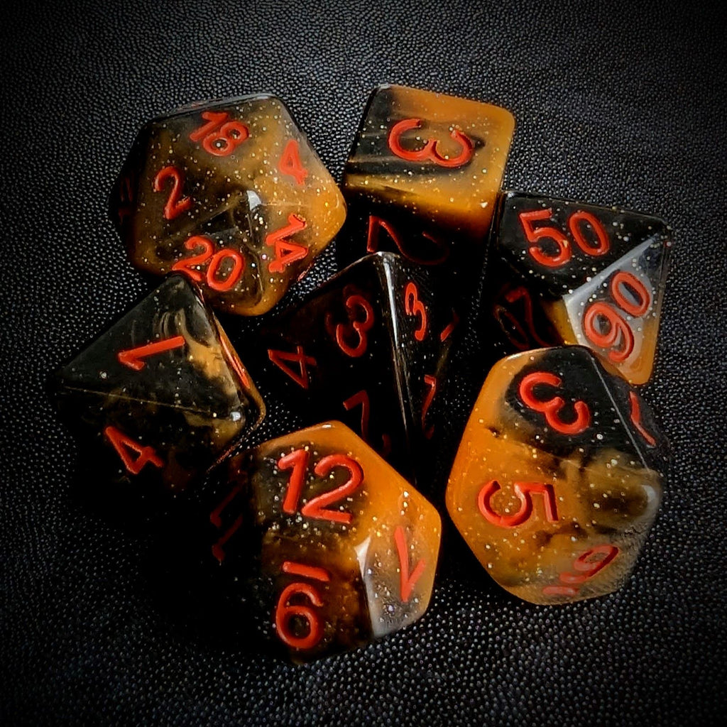 Glitter in Black & Orange Acrylic - 7pcs RPG Full Dice Set