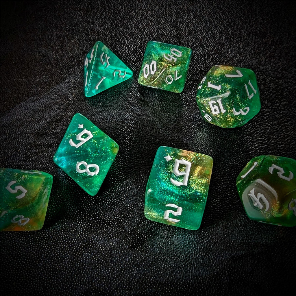 Glitter in Green & Yellow Acrylic - 7pcs RPG Full Dice Set