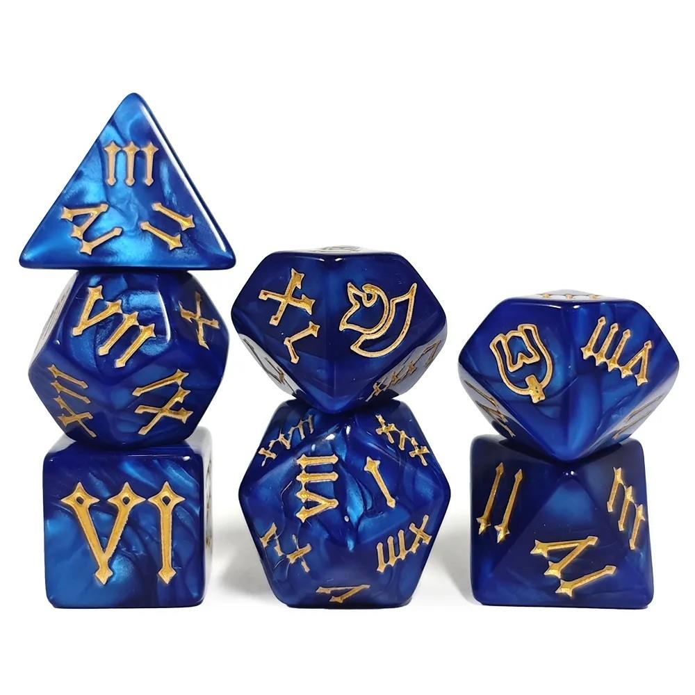 7pcs Dice Acrylic Silk Roman Numeral Gold Font Blue