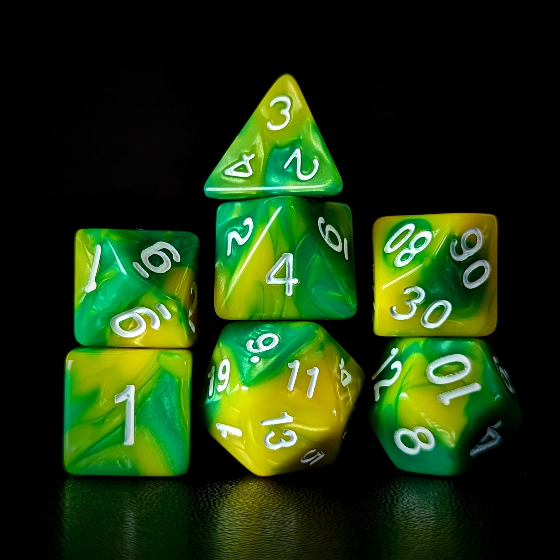 Blend of Green & Yellow Acrylic - 7pcs RPG Full Dice Set