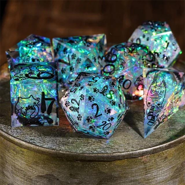 Cats on Grey with Candy Sharp Resin - 7pcs RPG Dice Set