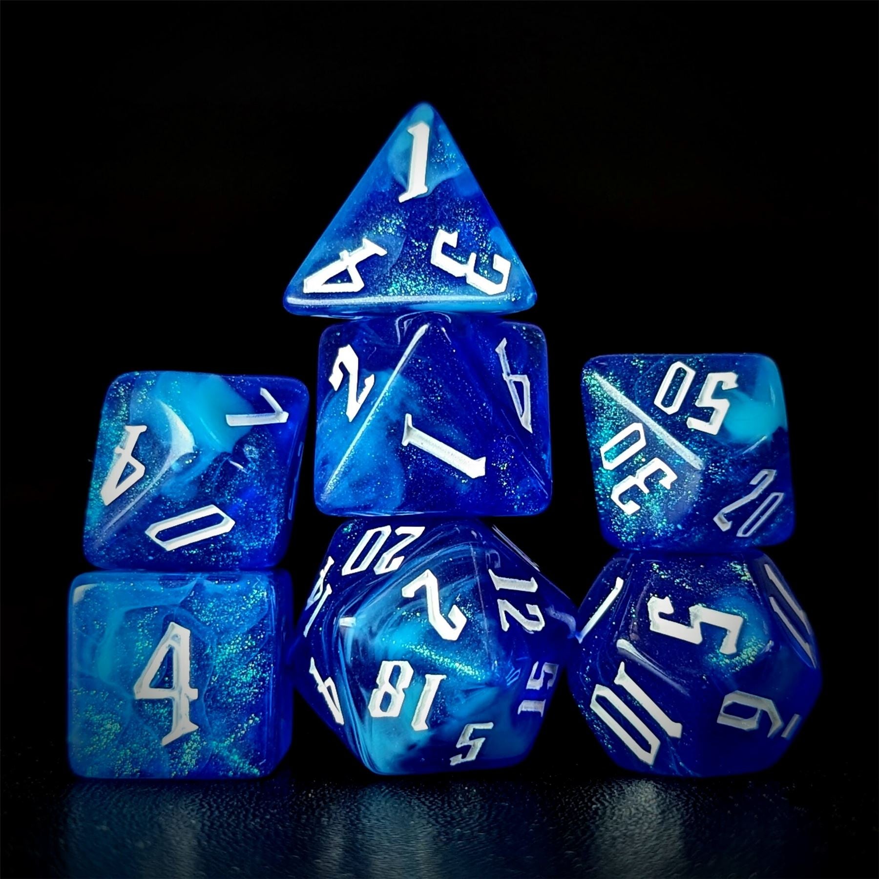 Glitter in Blue & White Acrylic - 7pcs RPG Full Dice Set