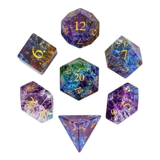7pcs Dice Gem Glass Gold Font Cracked Blue Purple (UD)