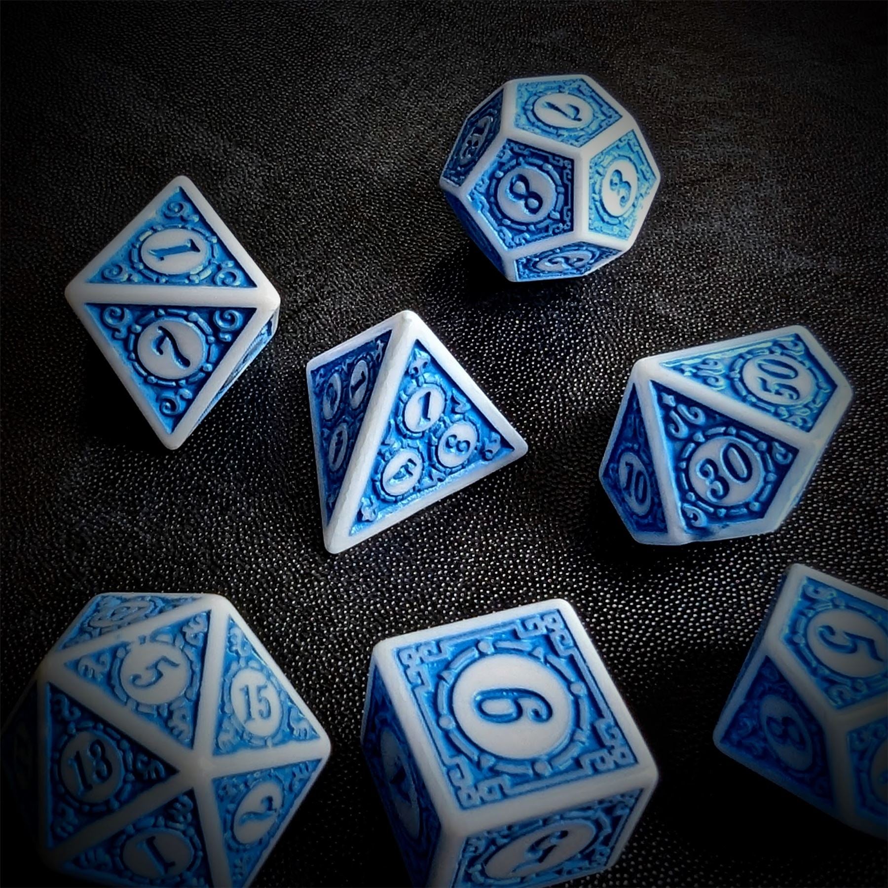 Blue Lattice on White Acrylic - 7pcs RPG Full Dice Set