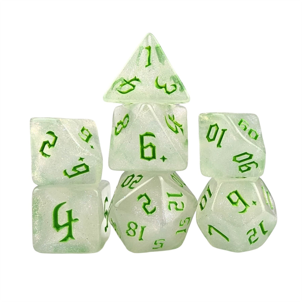 Glitter in White Acrylic with Green Font - 7pcs RPG Full Dice Set