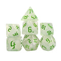 Glitter in White Acrylic with Green Font - 7pcs RPG Full Dice Set
