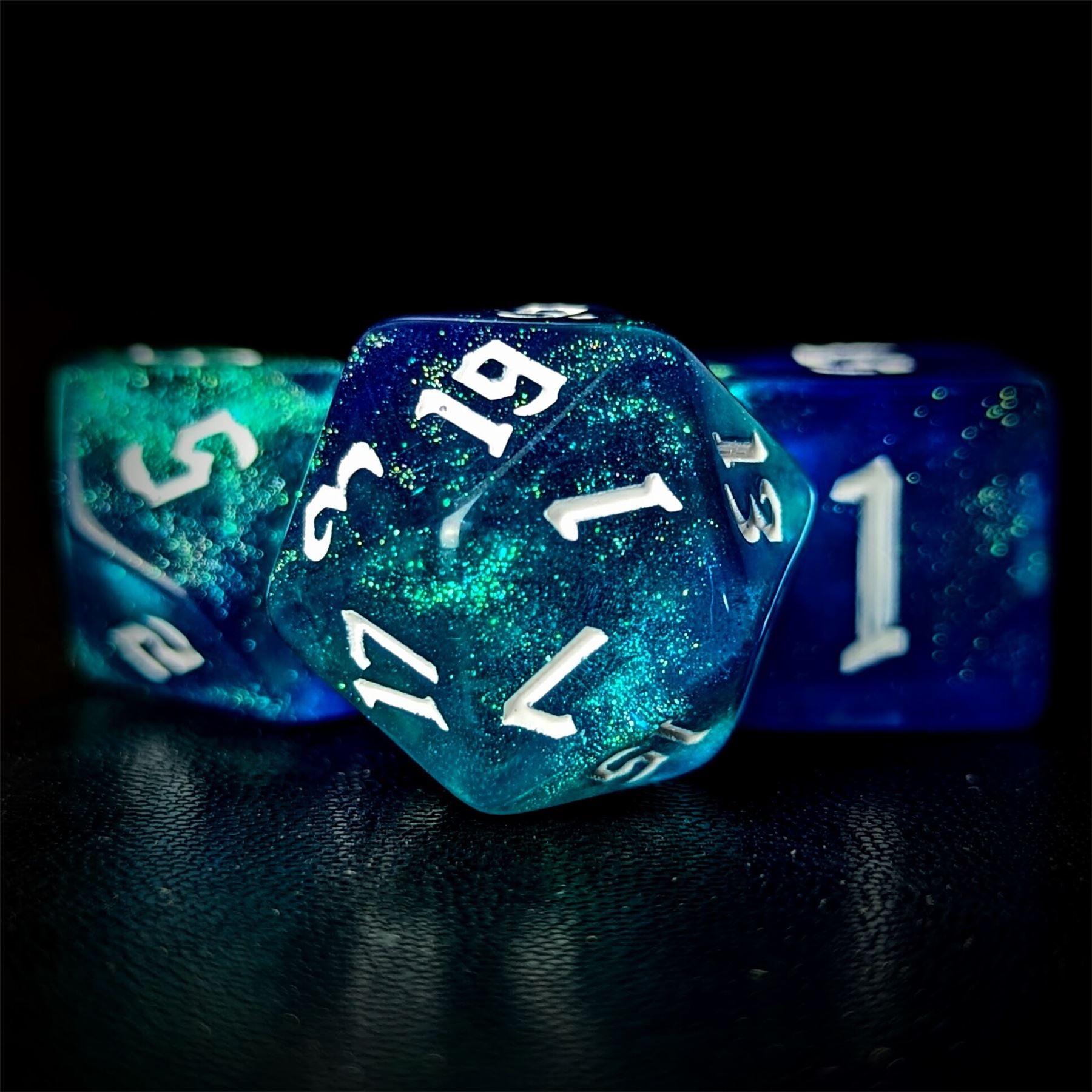 Glitter in Blue & Cyan Acrylic - 7pcs RPG Full Dice Set