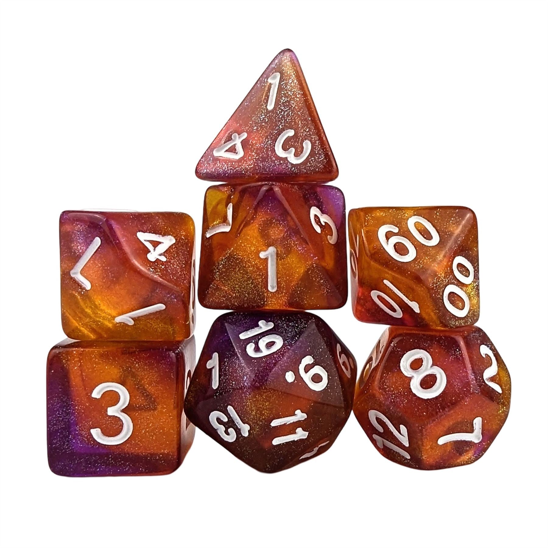 Glitter in Orange & Pink Acrylic - 7pcs RPG Full Dice Set
