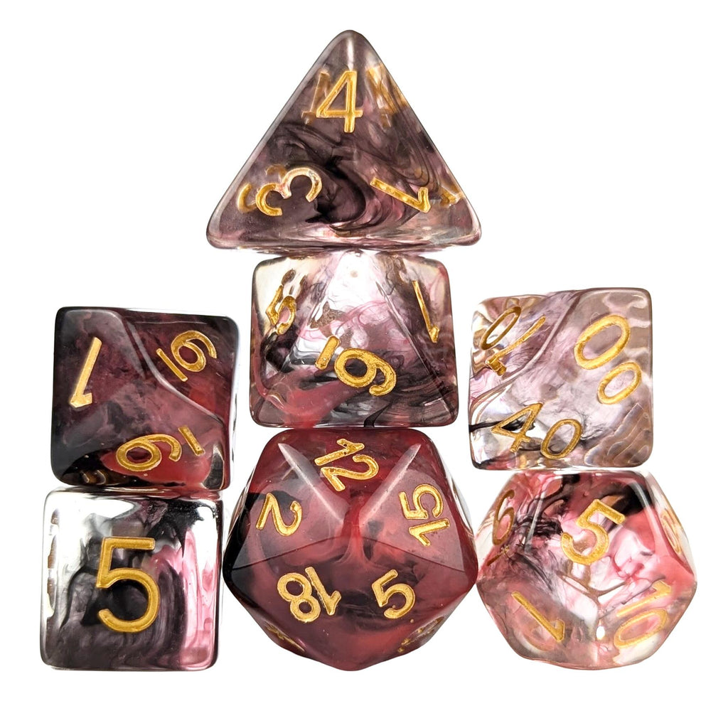 Black & Red Swirl in Clear Resin - 7pcs RPG Full Dice Set