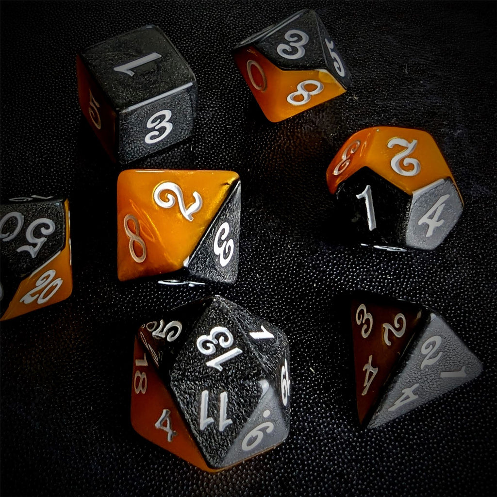 Blend of Black & Orange Acrylic - 7pcs RPG Full Dice Set
