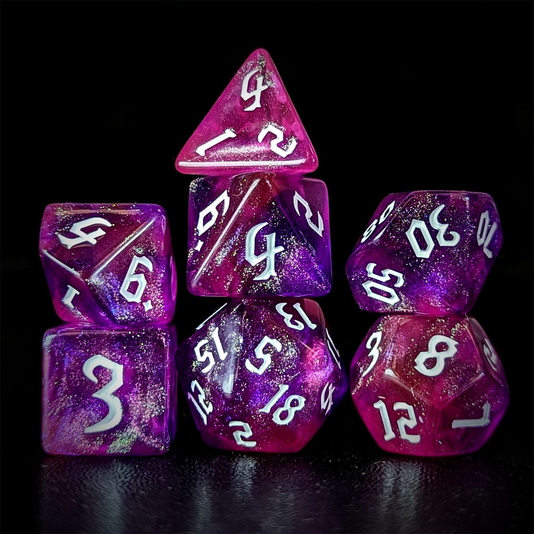 Glitter in Pink & Purple Acrylic - 7pcs RPG Full Dice Set