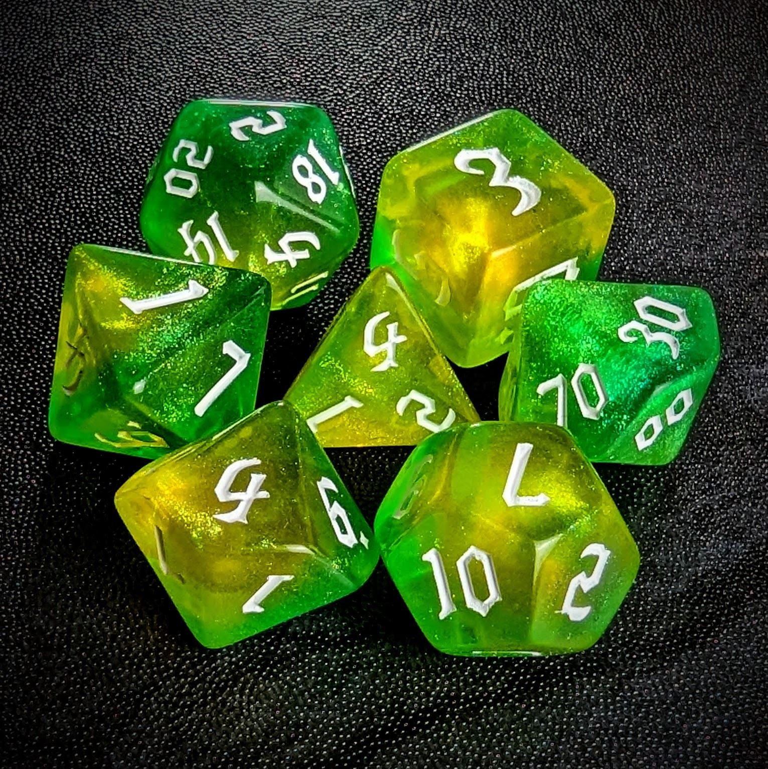 Glitter in Green & Yellow Acrylic - 7pcs RPG Full Dice Set