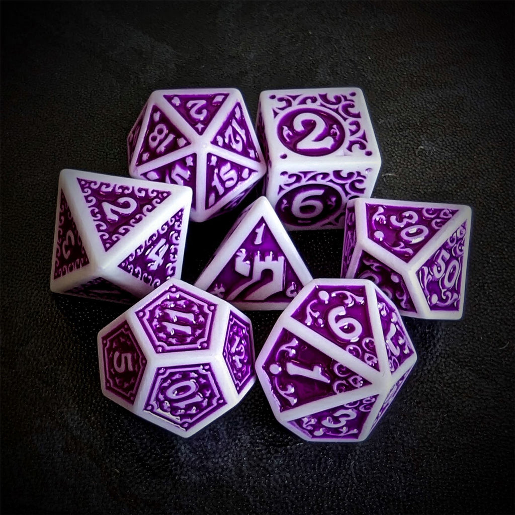 Purple Vines on White Acrylic - 7pcs RPG Full Dice Set