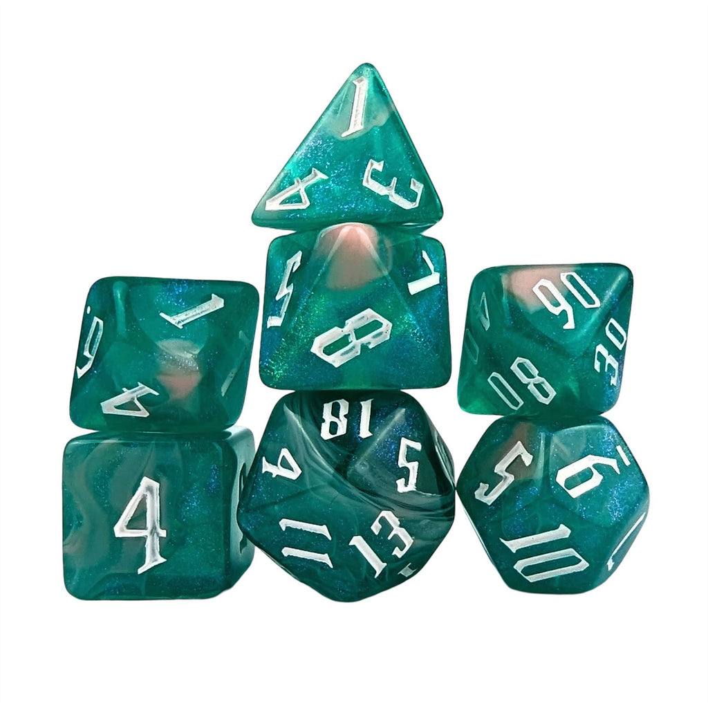 Glitter in Green & Pink Acrylic - 7pcs RPG Full Dice Set