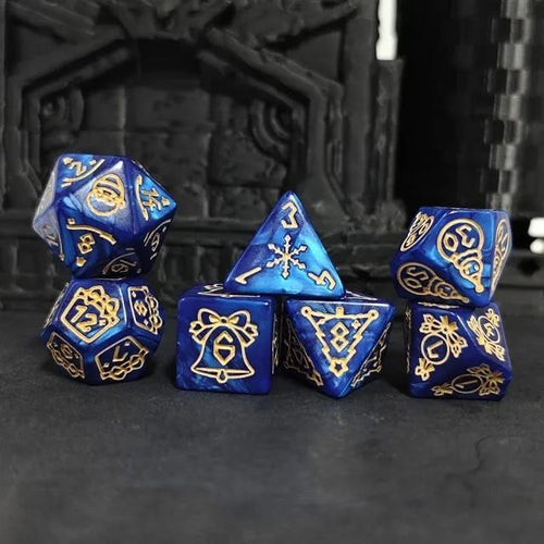 7pcs Dice Acrylic Pattern Christmas Gold Font Blue