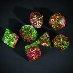 7pcs Dice Gem Glass Gold Font Cracked Pink Green (UD)