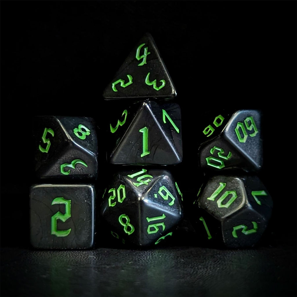 Green on Solid Black Acrylic - 7pcs RPG Full Dice Set