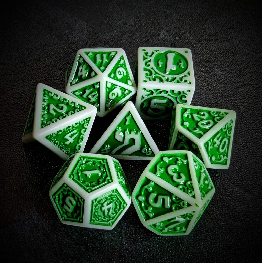 Green Vines on White Acrylic - 7pcs RPG Full Dice Set