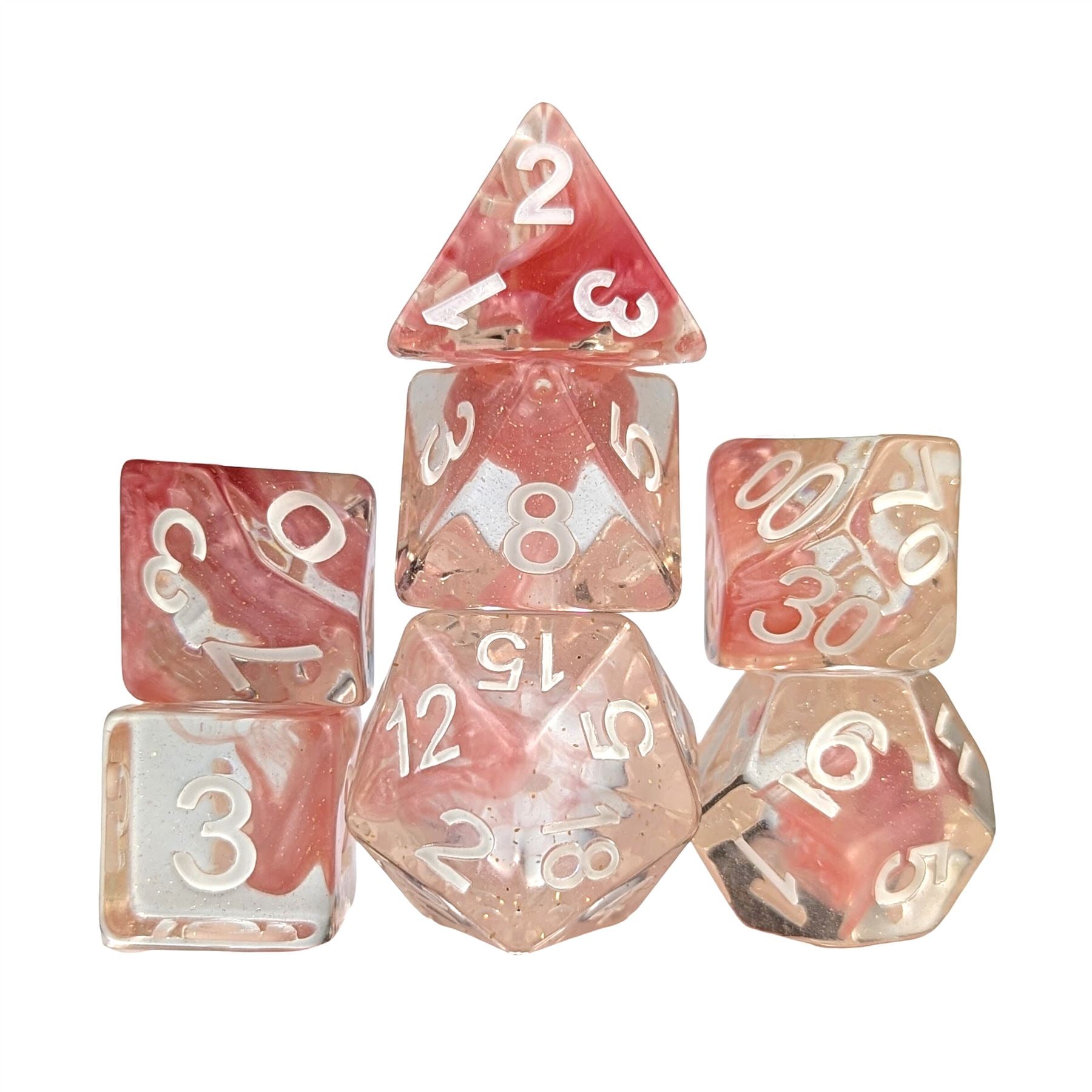 Pink Swirl in Clear Resin - 7pcs RPG Full Dice Set