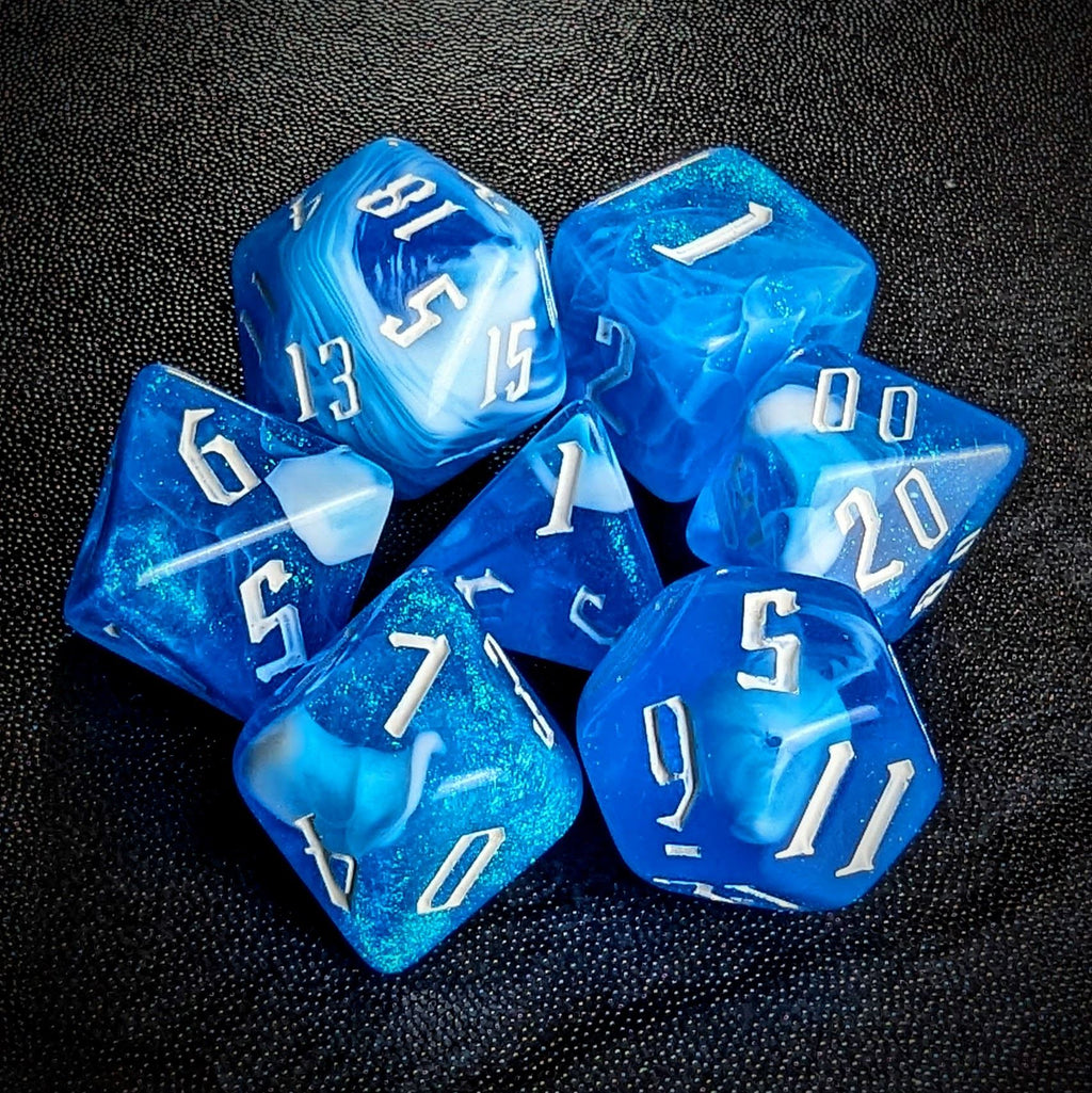 Glitter in Blue & White Acrylic - 7pcs RPG Full Dice Set