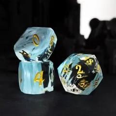 7pcs Dice Gem Glass Facet Ribbon Gold Font Clear Blue