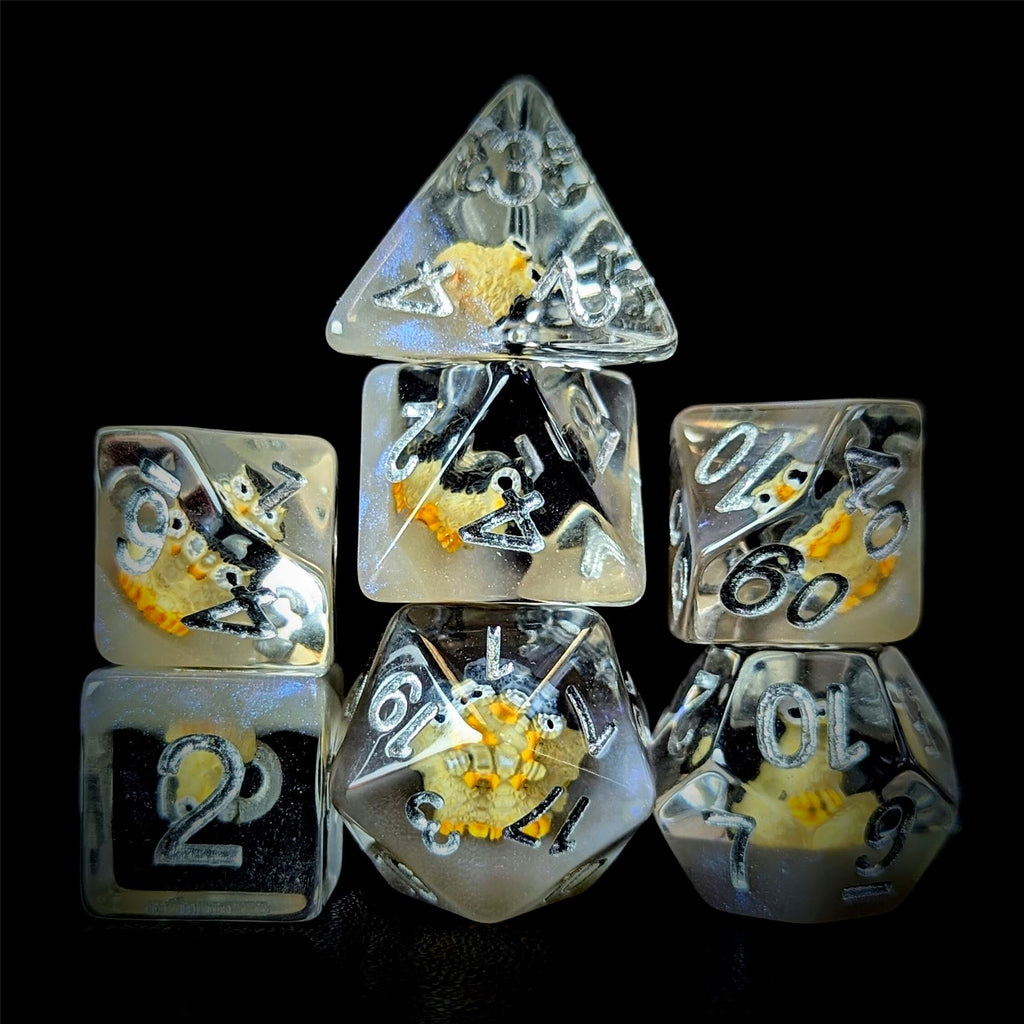 Owl in Clear & Grey Resin - 7pcs RPG Full Dice Set