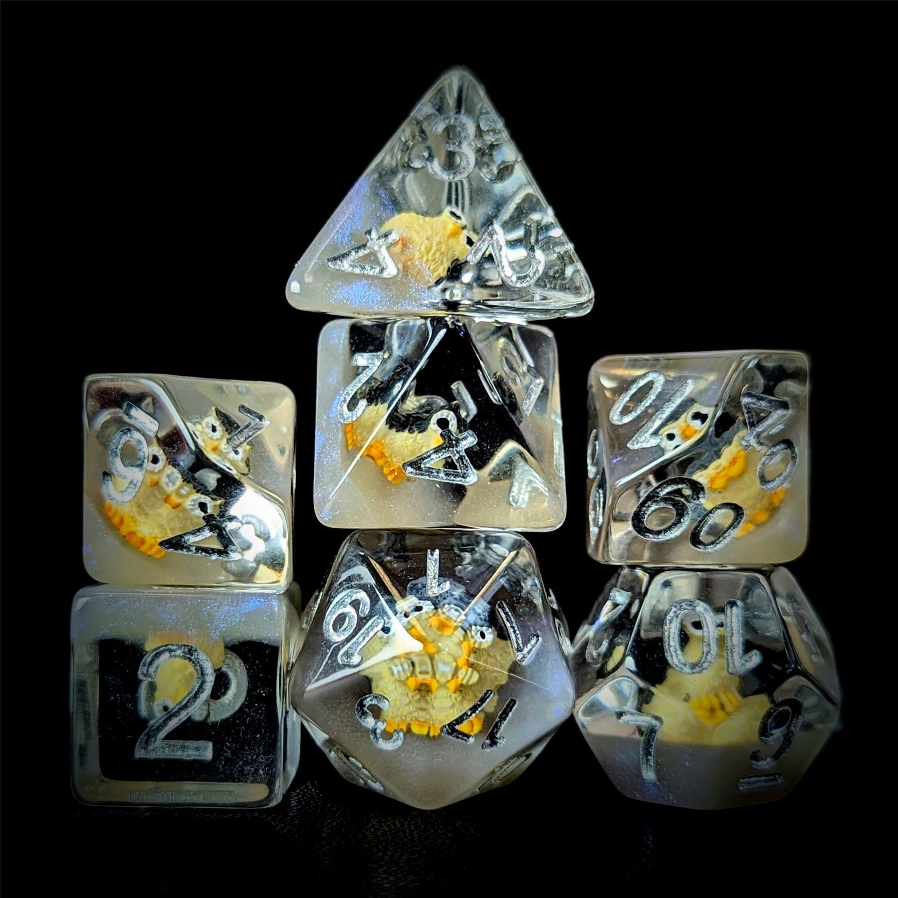 Owl in Clear & Grey Resin - 7pcs RPG Full Dice Set