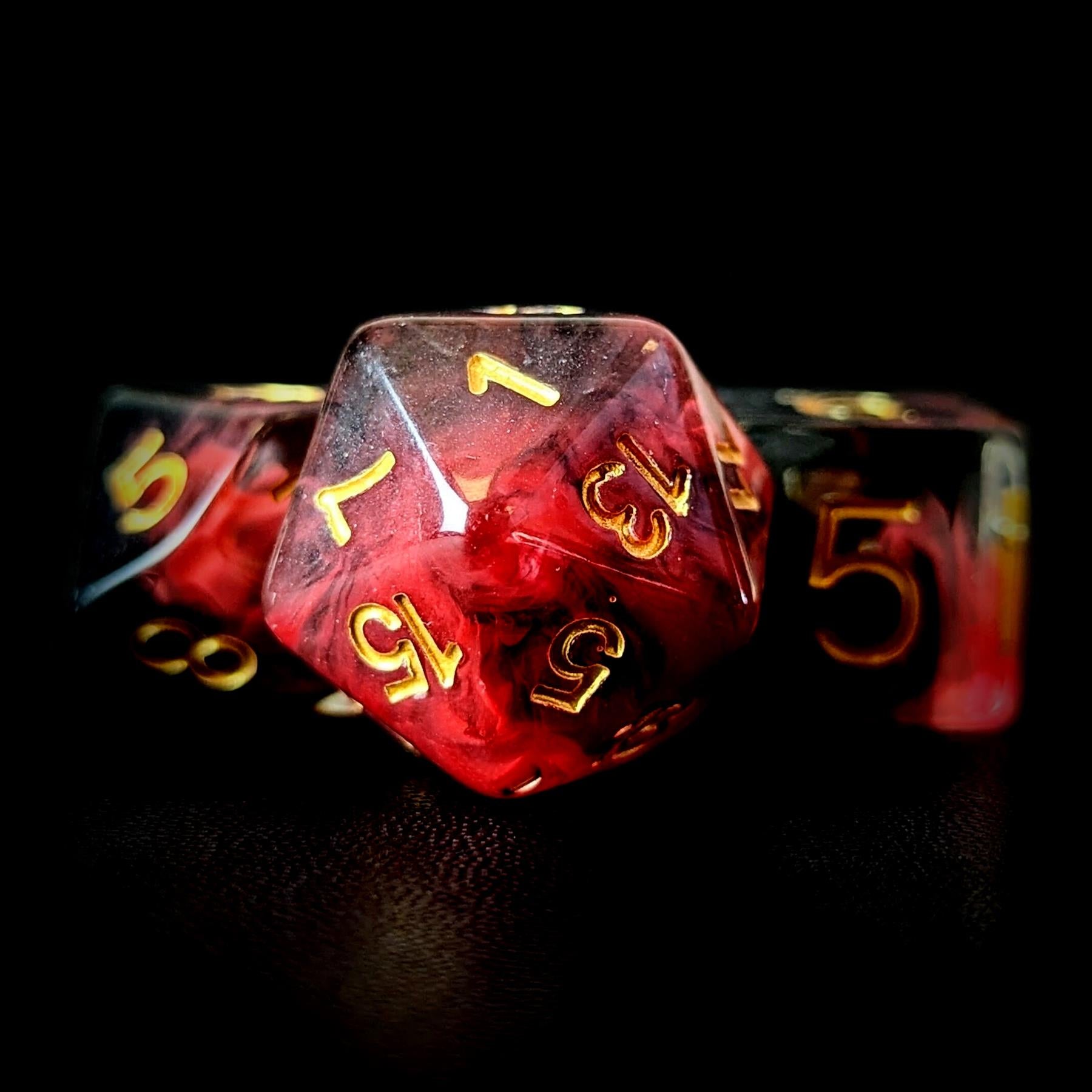 Black & Red Swirl in Clear Resin - 7pcs RPG Full Dice Set