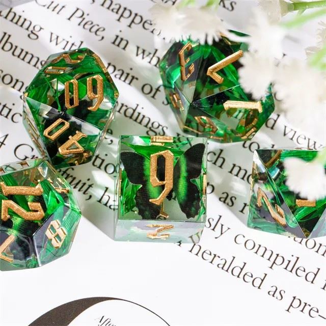 Brown Butterfly  in Clear Filled Sharp Resin - 7pcs RPG Dice Set