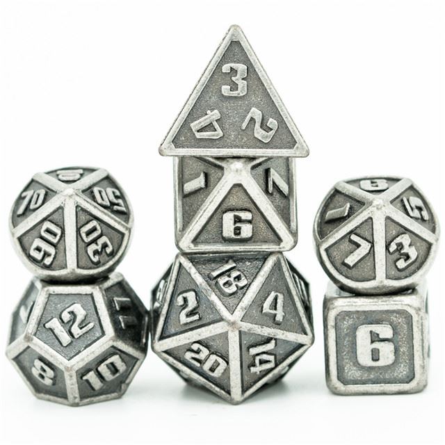 7pcs RPG Dice Set - Miniature Silver Metal