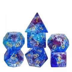 7pcs Dice Gem Glass Gold Font Cracked Blue (UD)