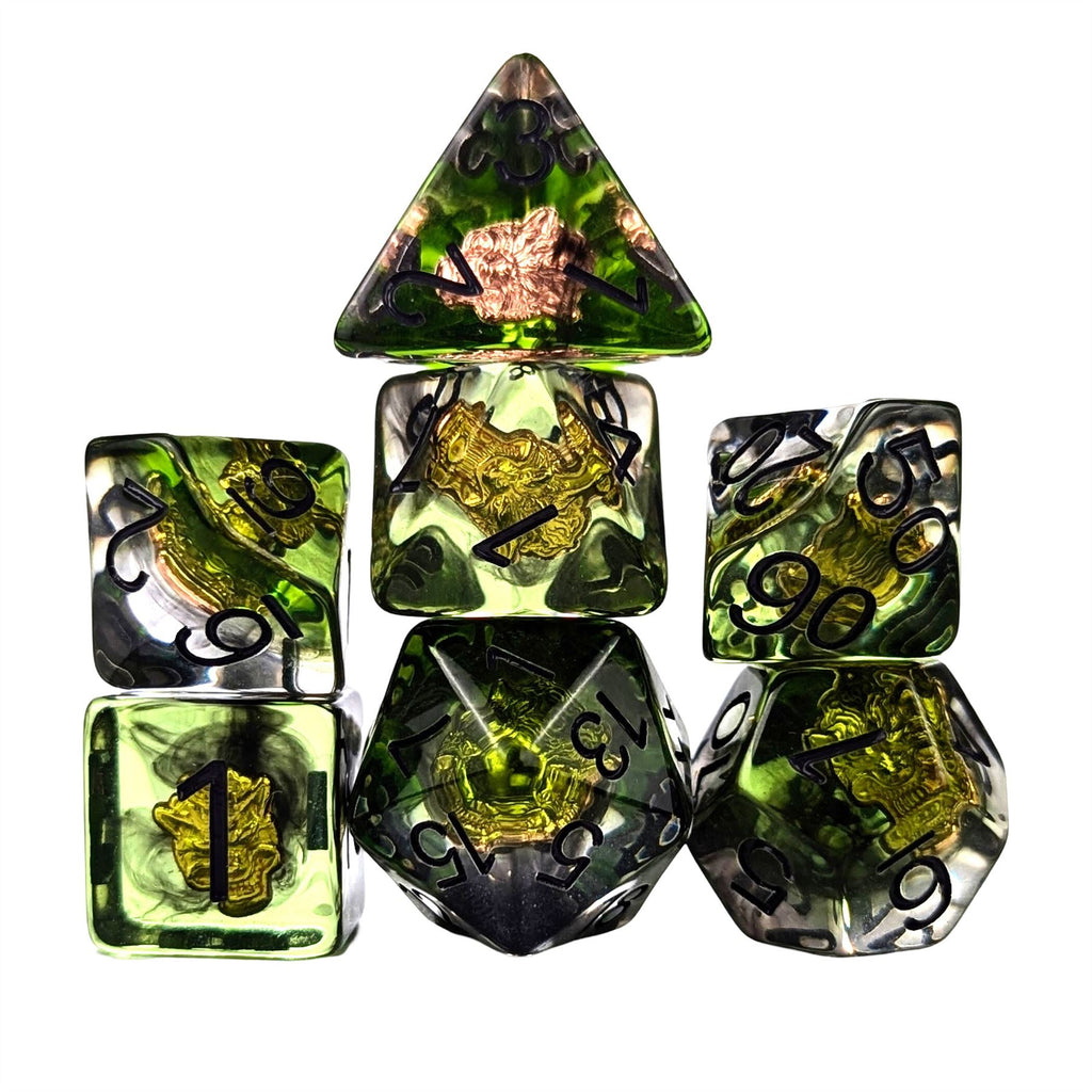 Wolf in Clear & Green Resin - 7pcs RPG Full Dice Set