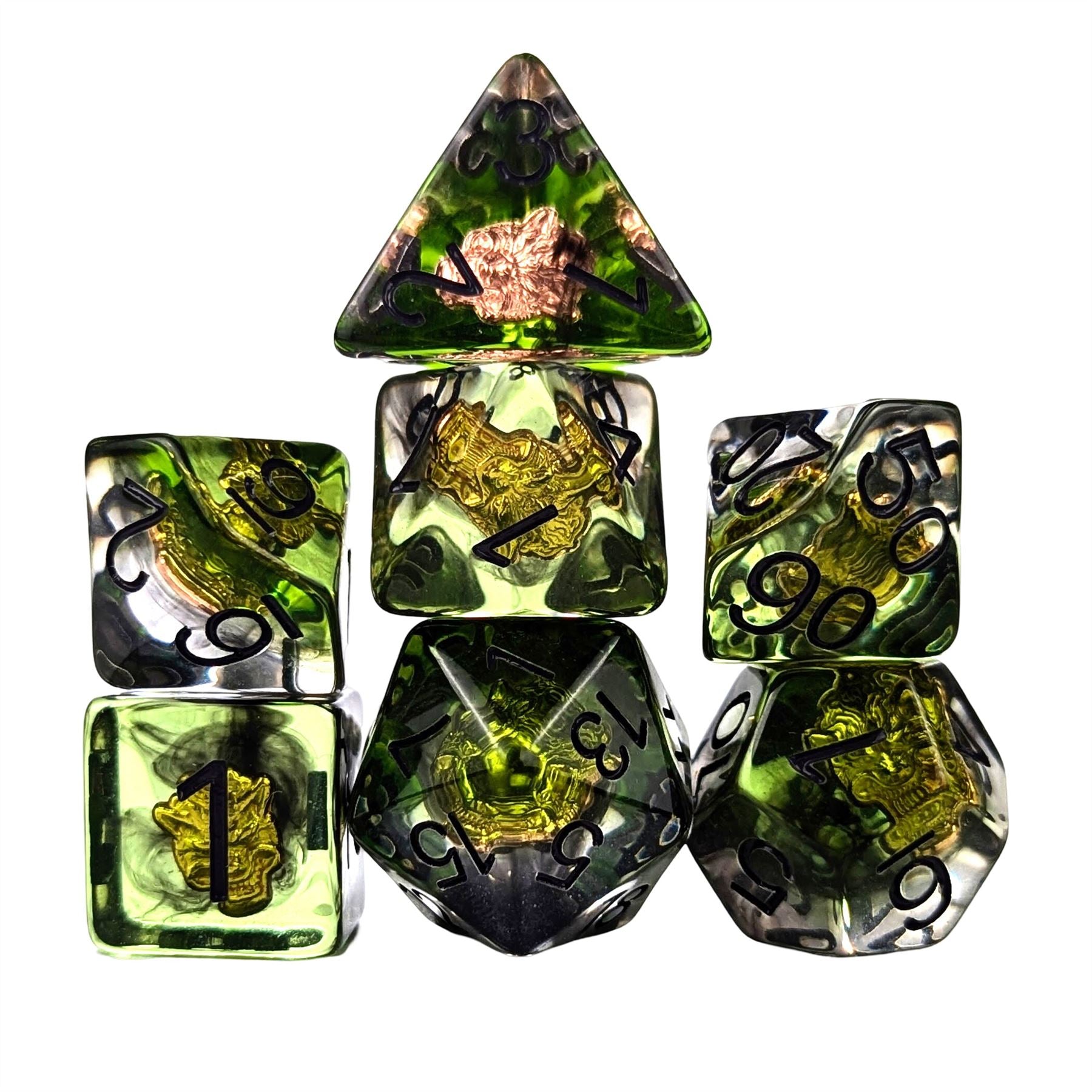 Wolf in Clear & Green Resin - 7pcs RPG Full Dice Set