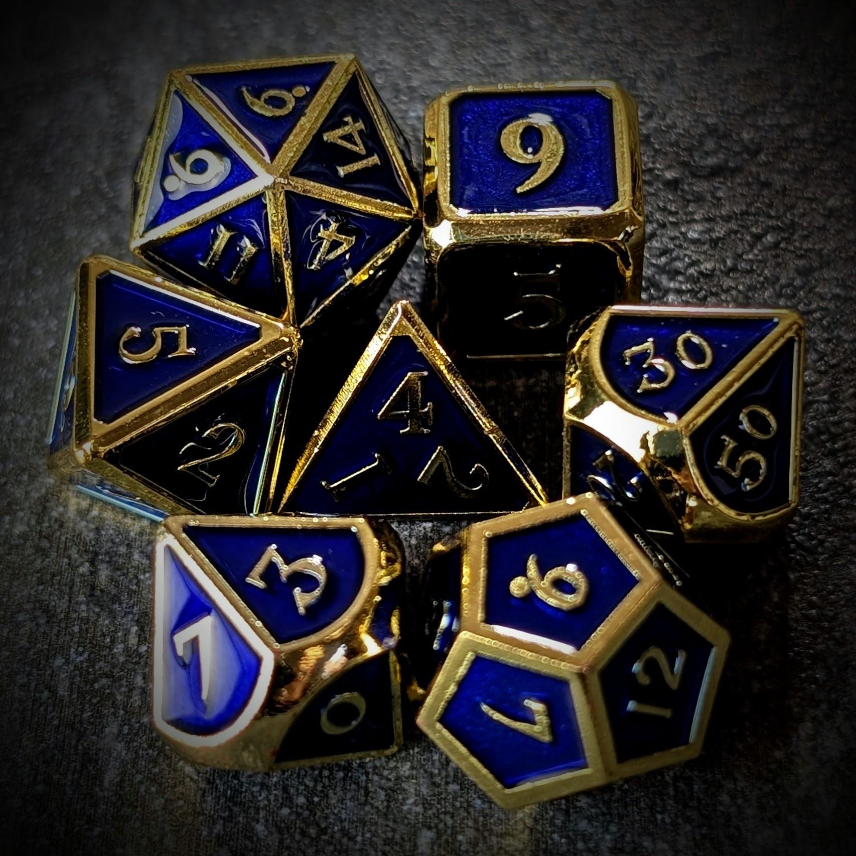 Blue Enamel in Gold Metal - 7pcs RPG Dice Set