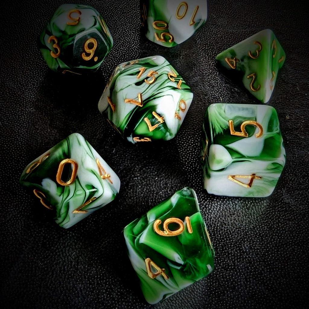 Blend of White & Green Acrylic - 7pcs RPG Full Dice Set