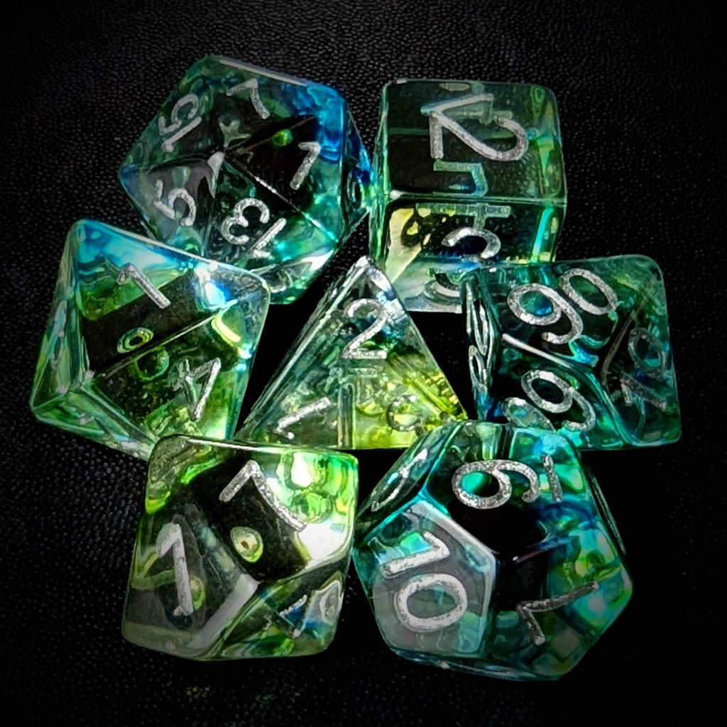 Green & Black with Blue Swirl in Clear Resin - 7pcs RPG Full Dice Set