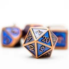 Glitter Blue Enamel in Copper Metal - 7pcs RPG Dice Set