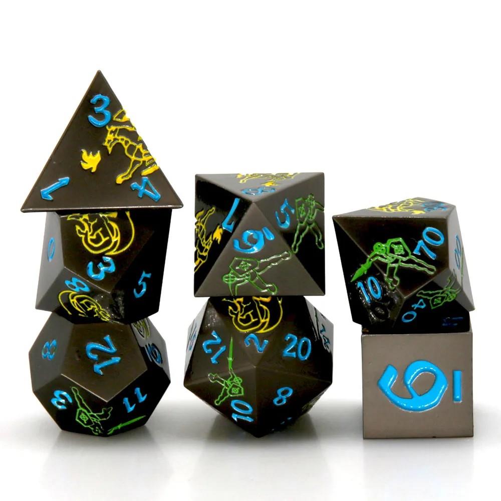 Green & Yellow in Nickel Metal - 7pcs RPG Dice Set