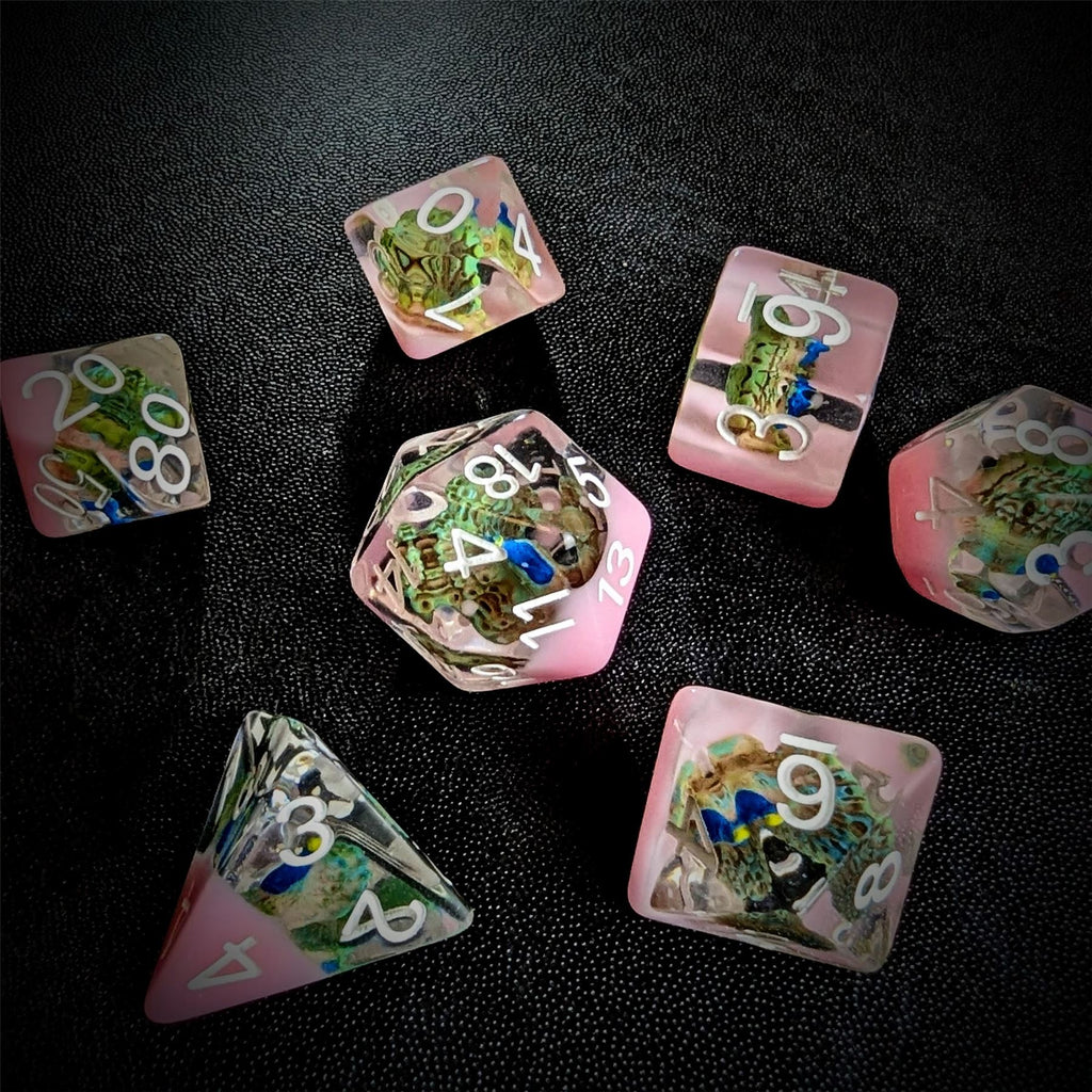 Peacock in Clear & Pink Resin - 7pcs RPG Full Dice Set