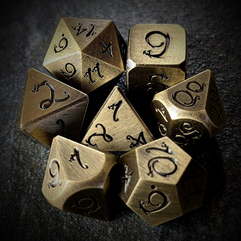 Bronze Metal with Black Dragon Font - 7pcs RPG Dice Set