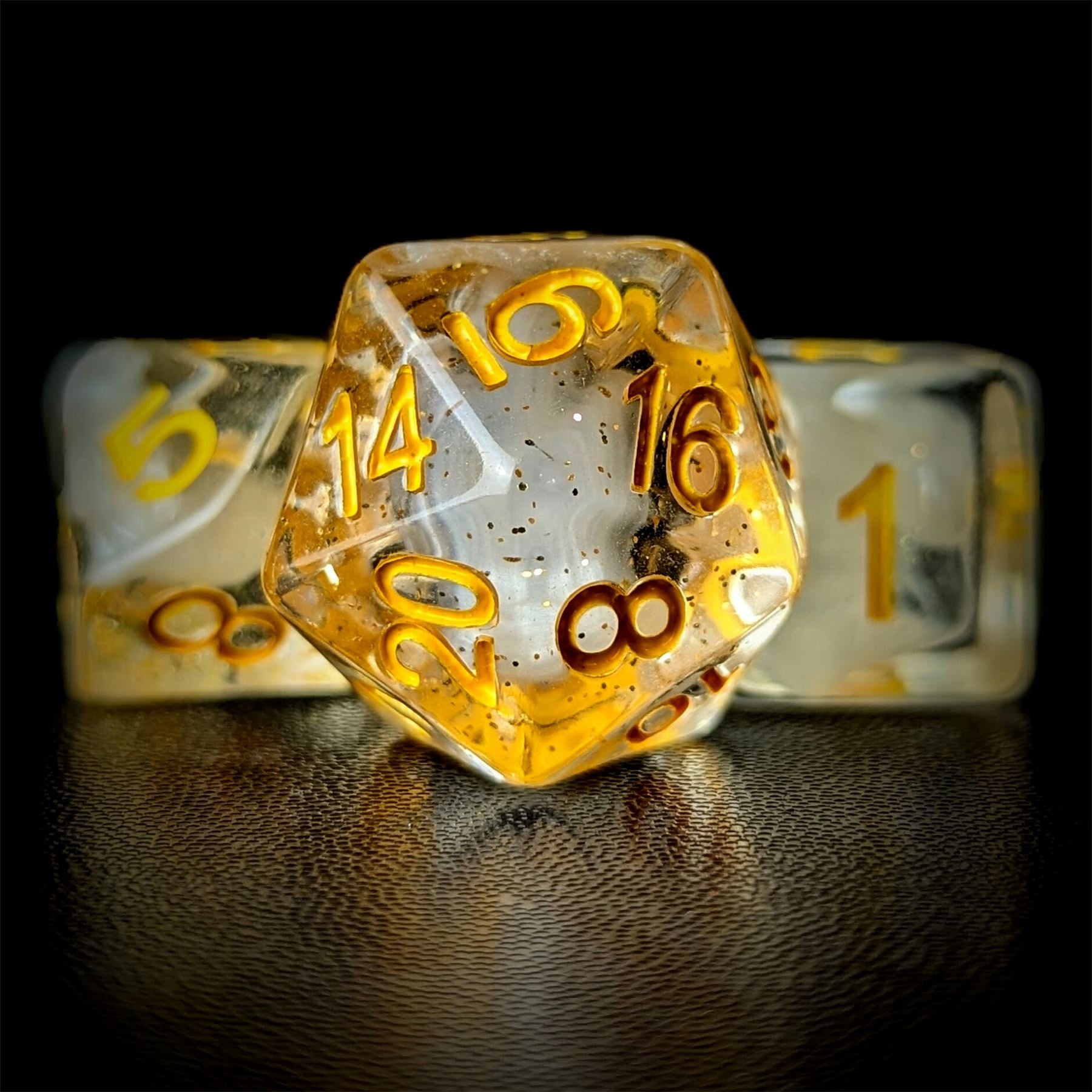 White Swirl in Clear Resin - 7pcs RPG Full Dice Set
