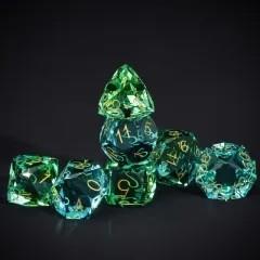 7pcs Dice Gem Glass Facet Gold Font Green Blue (UD)