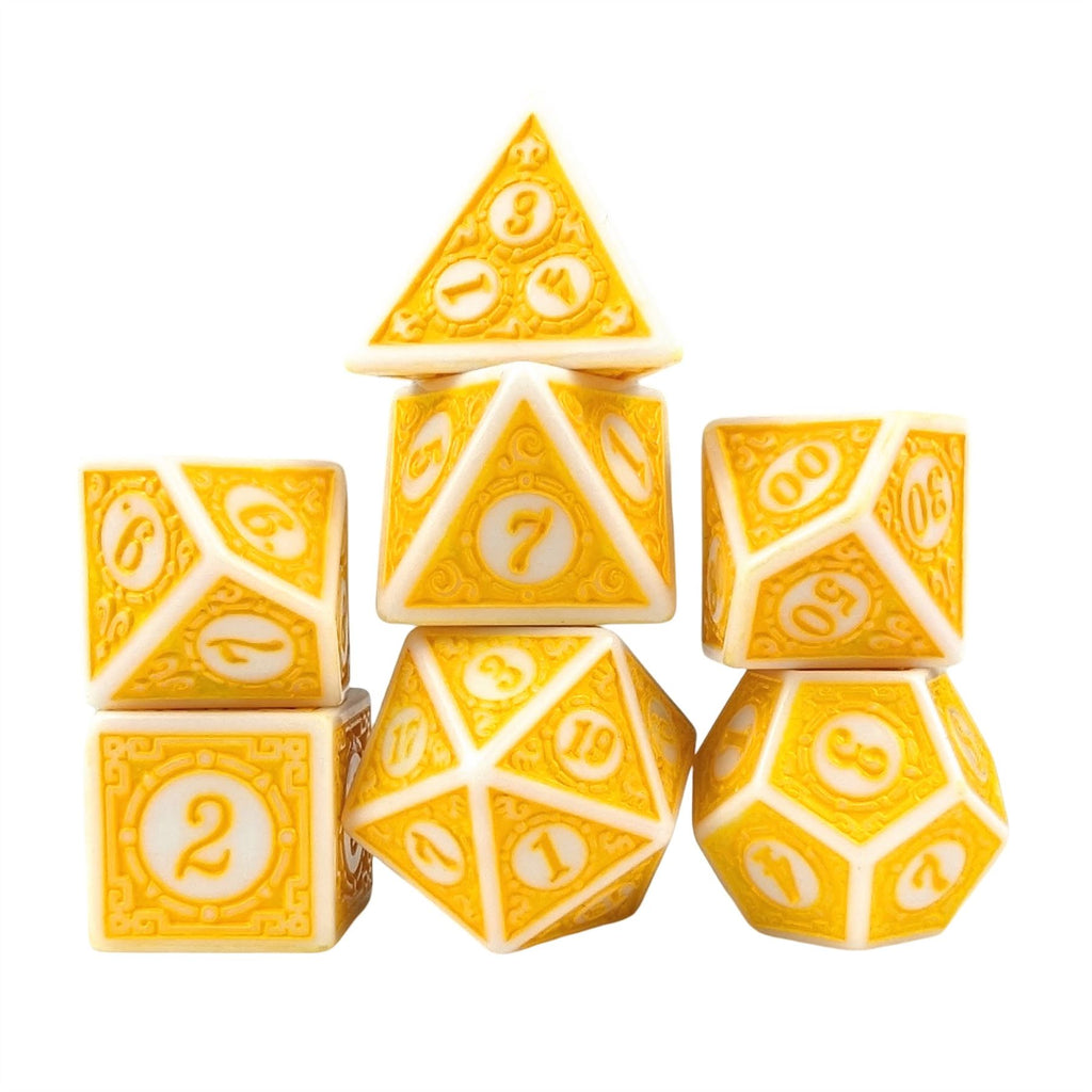 Yellow Lattice on White Acrylic - 7pcs RPG Full Dice Set
