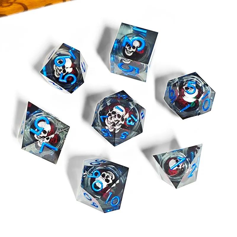 Skull & Roses in Clear Filled Sharp Resin - 7pcs RPG Dice Set