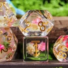 Pink Flowers in Clear Resin - 7pcs RPG Full Dice Set