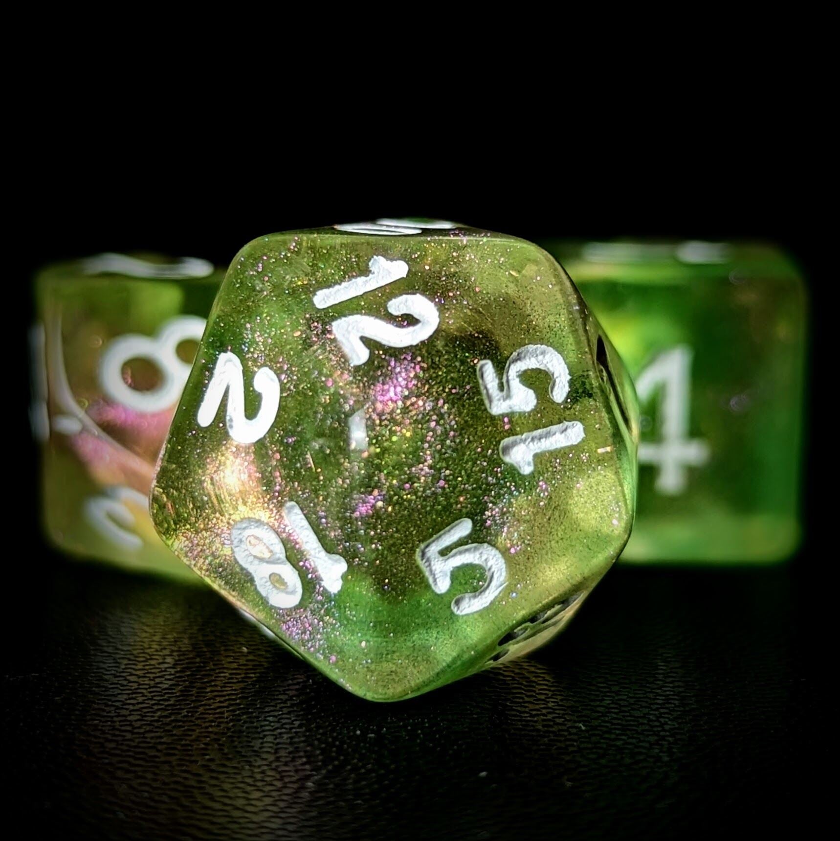 Glitter in Green & Yellow in Clear Acrylic - 7pcs RPG Full Dice Set