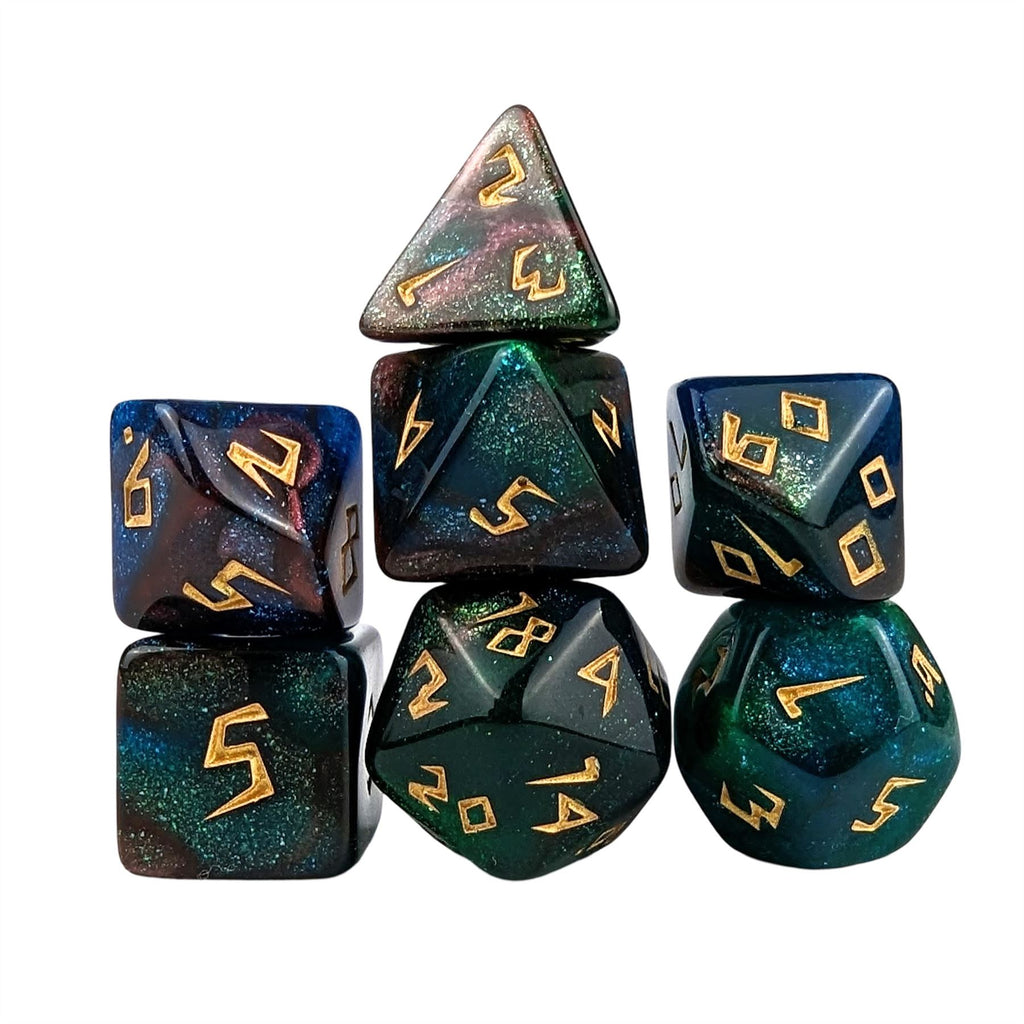 Glitter in Green & Blue Acrylic - 7pcs RPG Full Dice Set