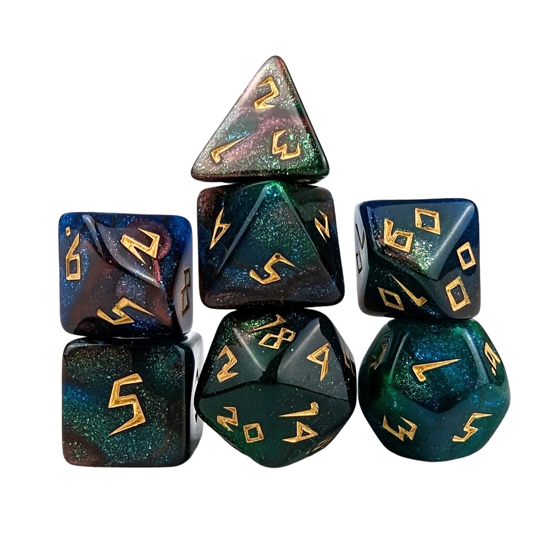 Glitter in Green & Blue Acrylic - 7pcs RPG Full Dice Set