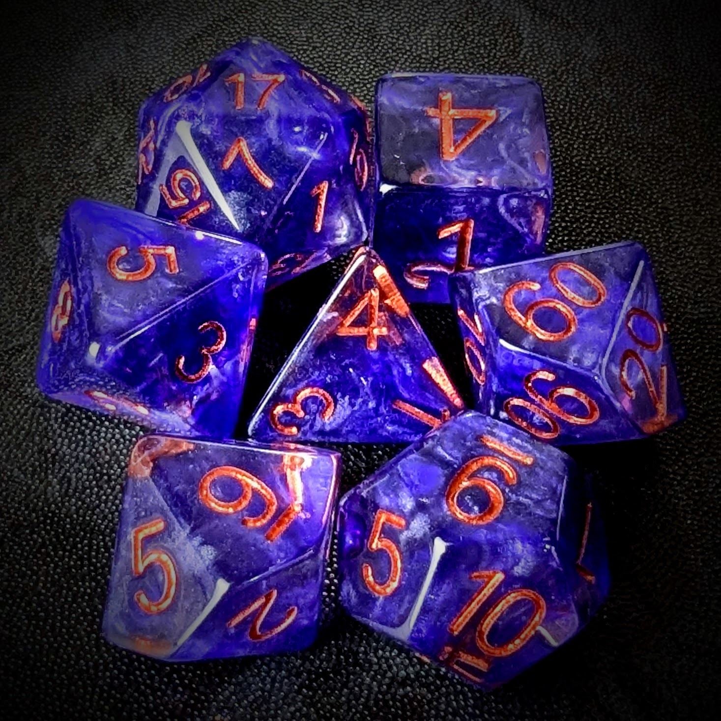 Purple Swirl in Clear Resin - 7pcs RPG Full Dice Set